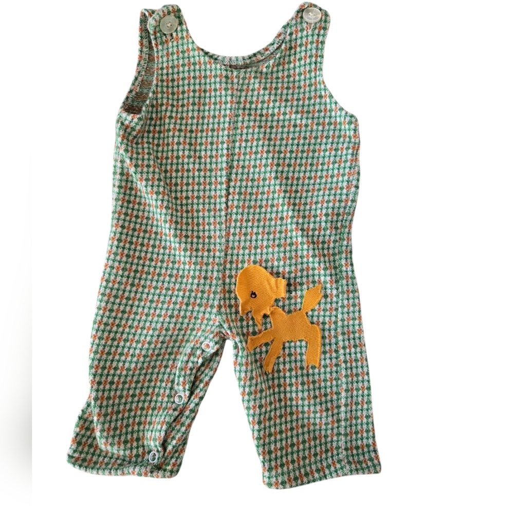 Vintage 1970s-1980s Handmade Green and Orange Houndstooth Overall Jumper